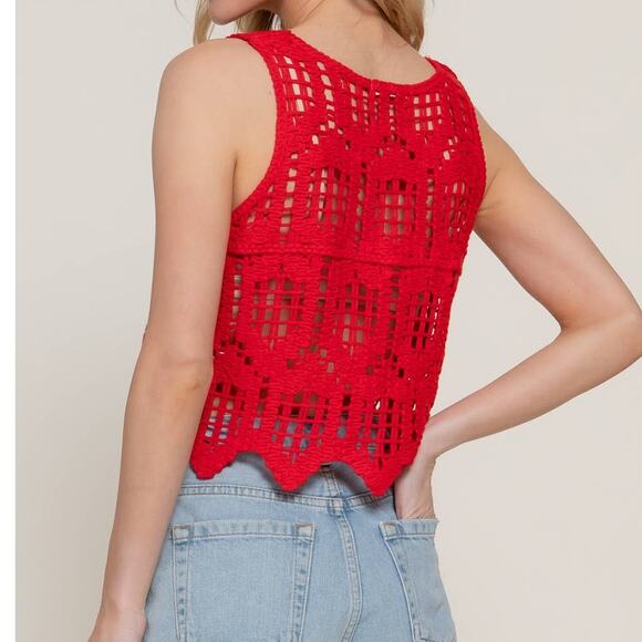 Sleeveless Round Neck Cotton Crochet Crop Tank Top Red - Picture 2 of 5